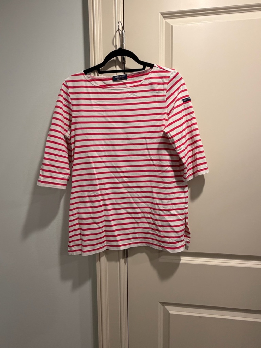 Saint James Pink and White Striped Kids Long Sleeve Breton Top